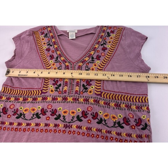 Sundance Floral Embroidered  T-shirt Purple V-Neck Cotton Beaded Womens Medium - Picture 6 of 9